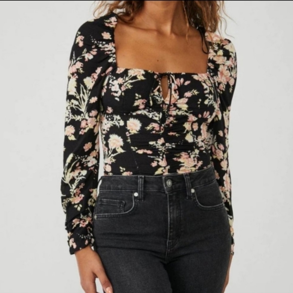 Free People Hilary Floral Smocked Long Sleeve Square Neck Top Black Size S NWT